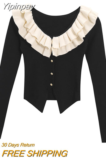 Yipinpay Vintage Knitted Cardigan Woman Casual Black Long Sleeve Tops Retro 2023 Autumn Design Korean Style Bodycon Clothing Female